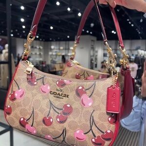 Coach Cherry Print Shoulder Bag - Tan and Red